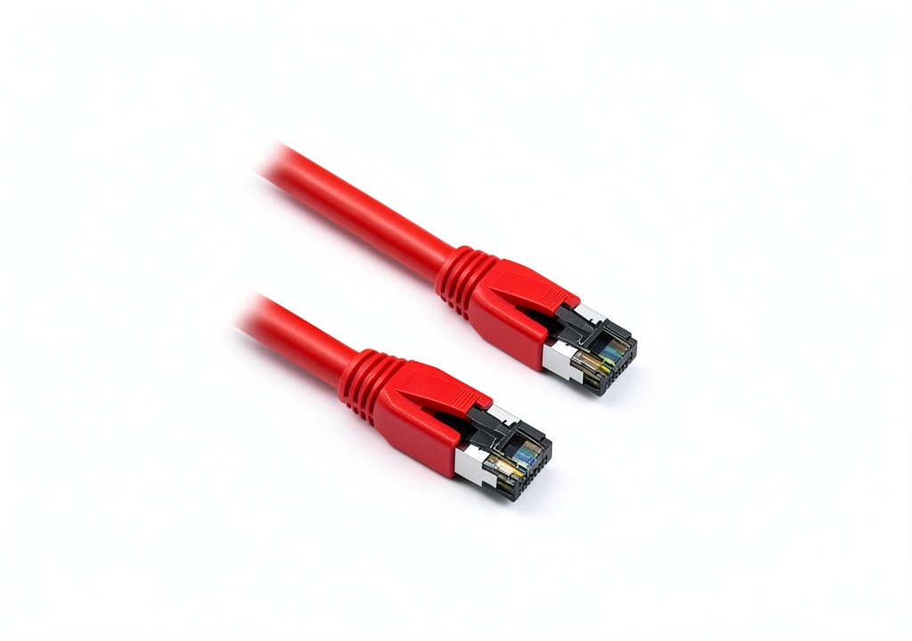Nippon Labs Cat8 Ethernet cable with red exterior and connectors