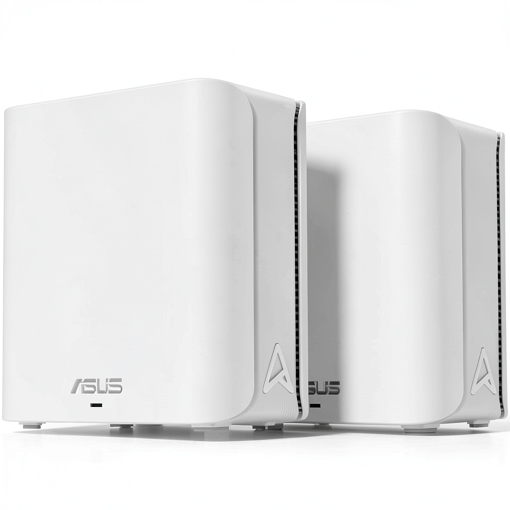 ASUS ZenWiFi BD5 Mesh System units placed in a modern living room