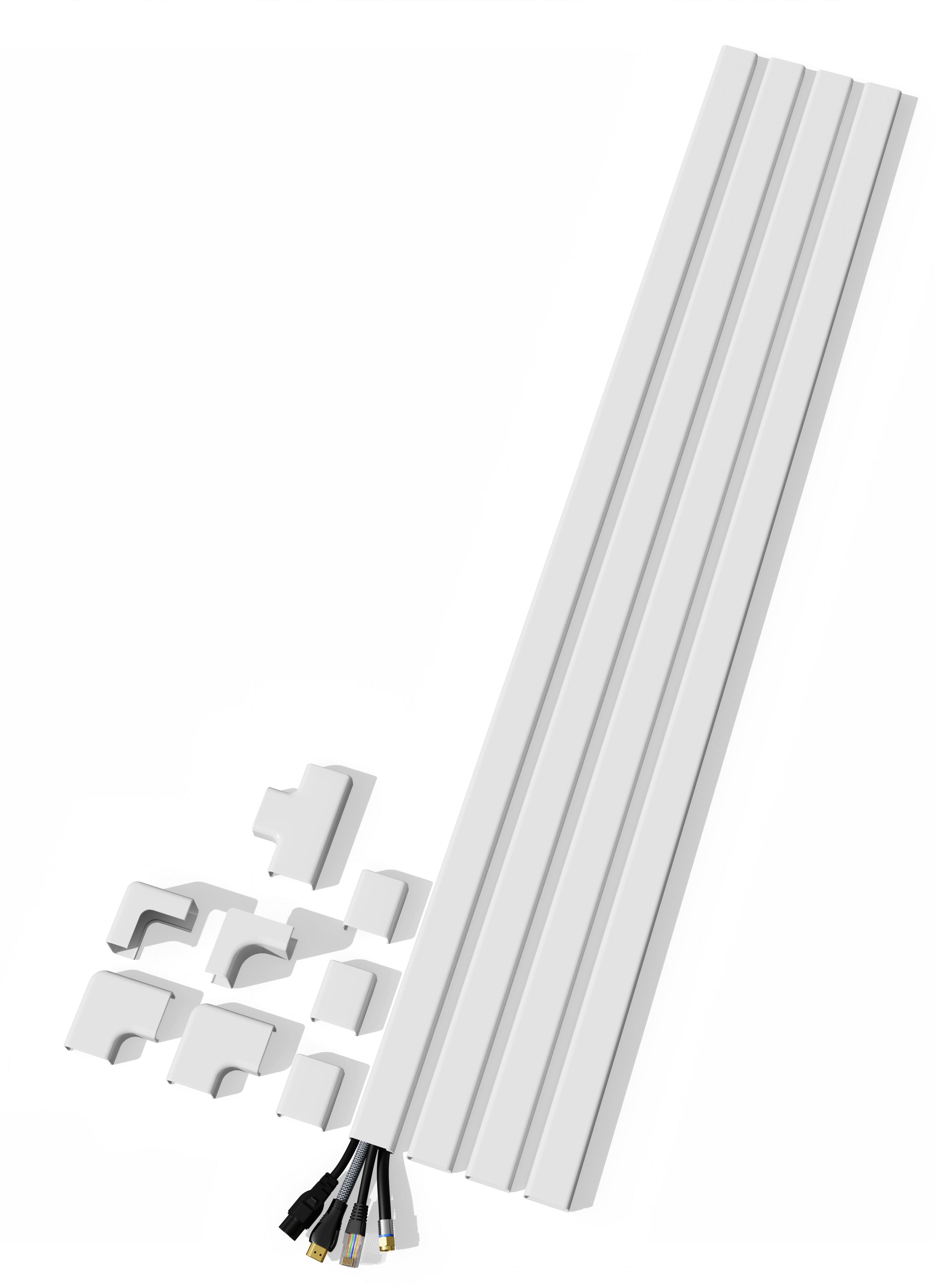 On-wall cable concealer kit installed behind a wall-mounted TV